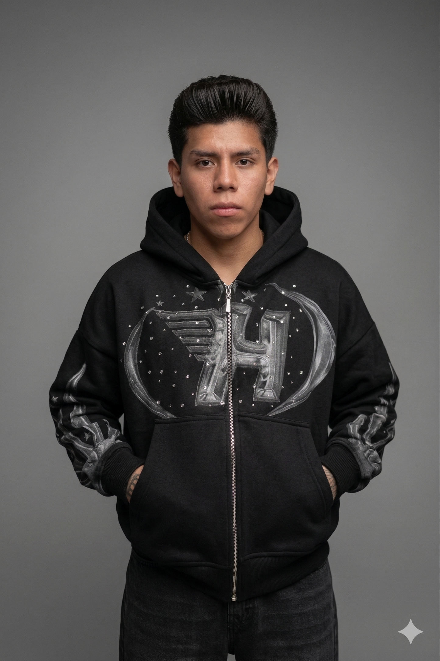 Hoodie Boxy Fit con Pedrería - Negra