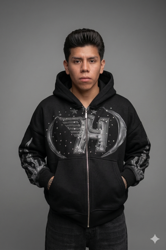 Hoodie Boxy Fit con Pedrería - Negra